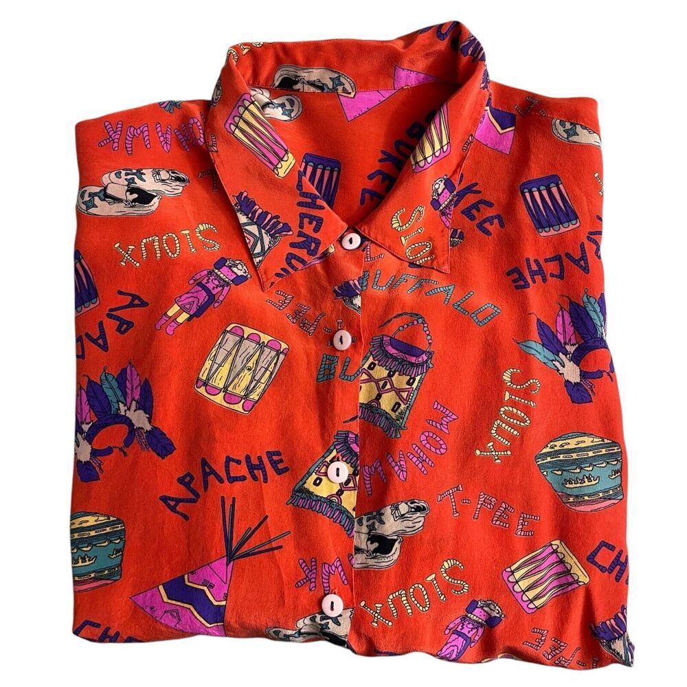 Womens Long Sleeve Silk Shirt Large Red Button Up Tribes Native American Sioux